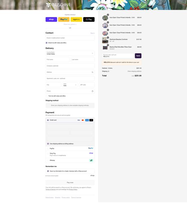 Anuschka checkout page showing Anuschka discount code box | Screenshot taken by SimplyCodes community member on Sep 12, 2025