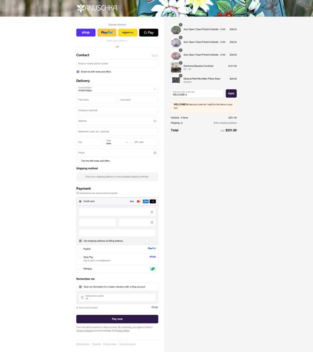 Anuschka checkout page showing Anuschka discount code box | Screenshot taken by SimplyCodes community member on Sep 12, 2025