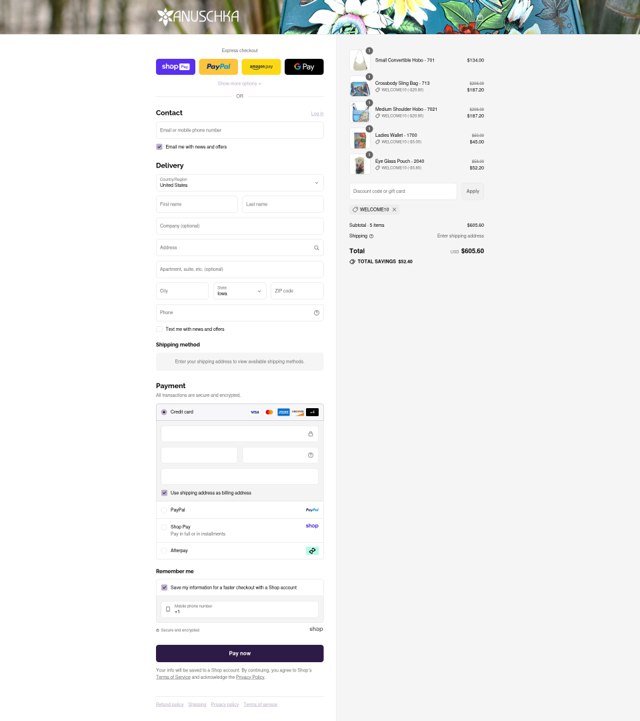 Anuschka checkout page showing Anuschka discount code box | Screenshot taken by SimplyCodes community member on Aug 27, 2025