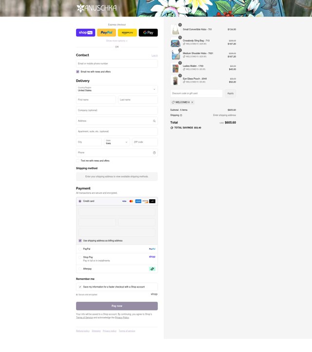 Anuschka checkout page showing Anuschka discount code box | Screenshot taken by SimplyCodes community member on Aug 22, 2025
