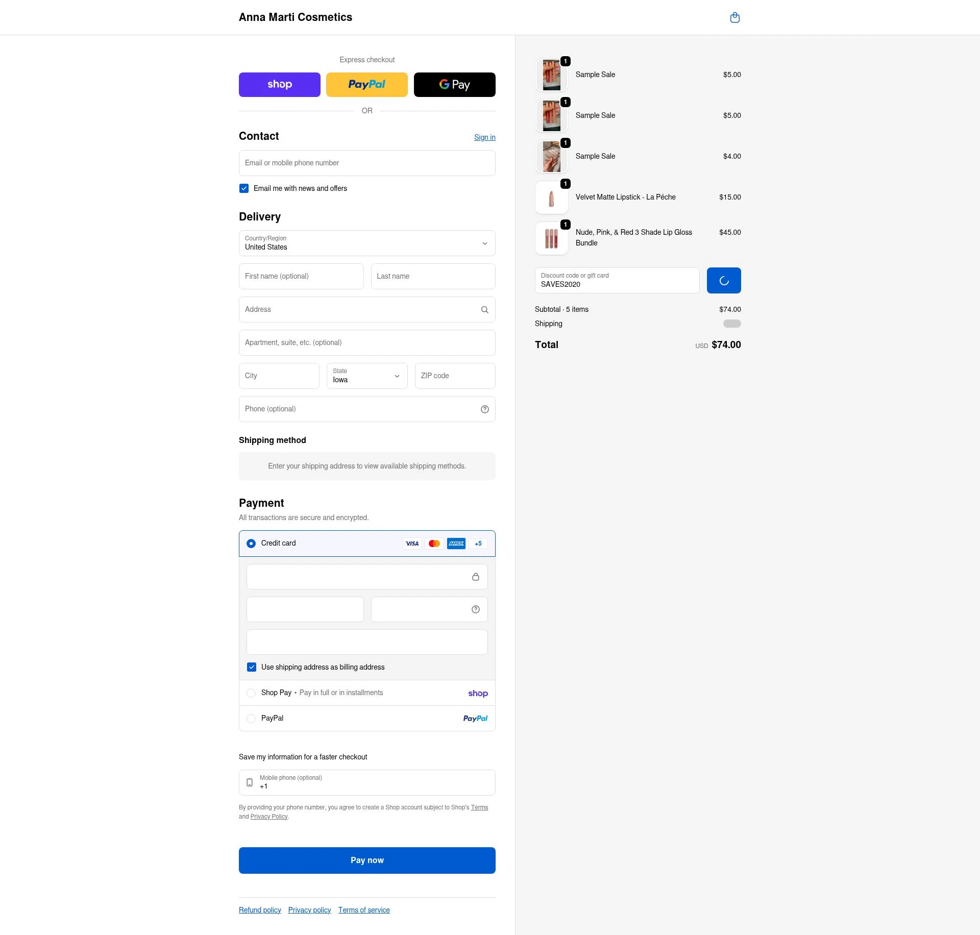 Anna Marti Cosmetics checkout page showing Anna Marti Cosmetics promo code box | Screenshot taken by SimplyCodes community member on Feb 13, 2026