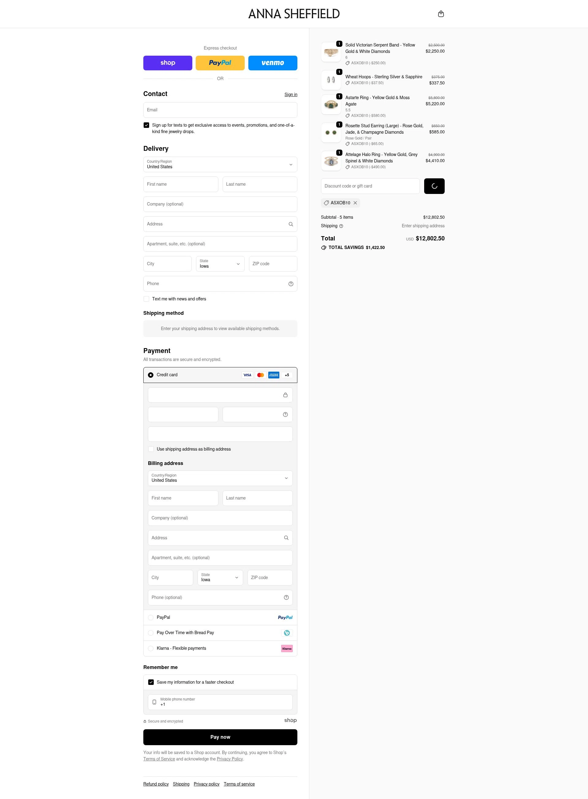Anna Sheffield checkout page showing Anna Sheffield discount code box | Screenshot taken by SimplyCodes community member on Dec 31, 2025