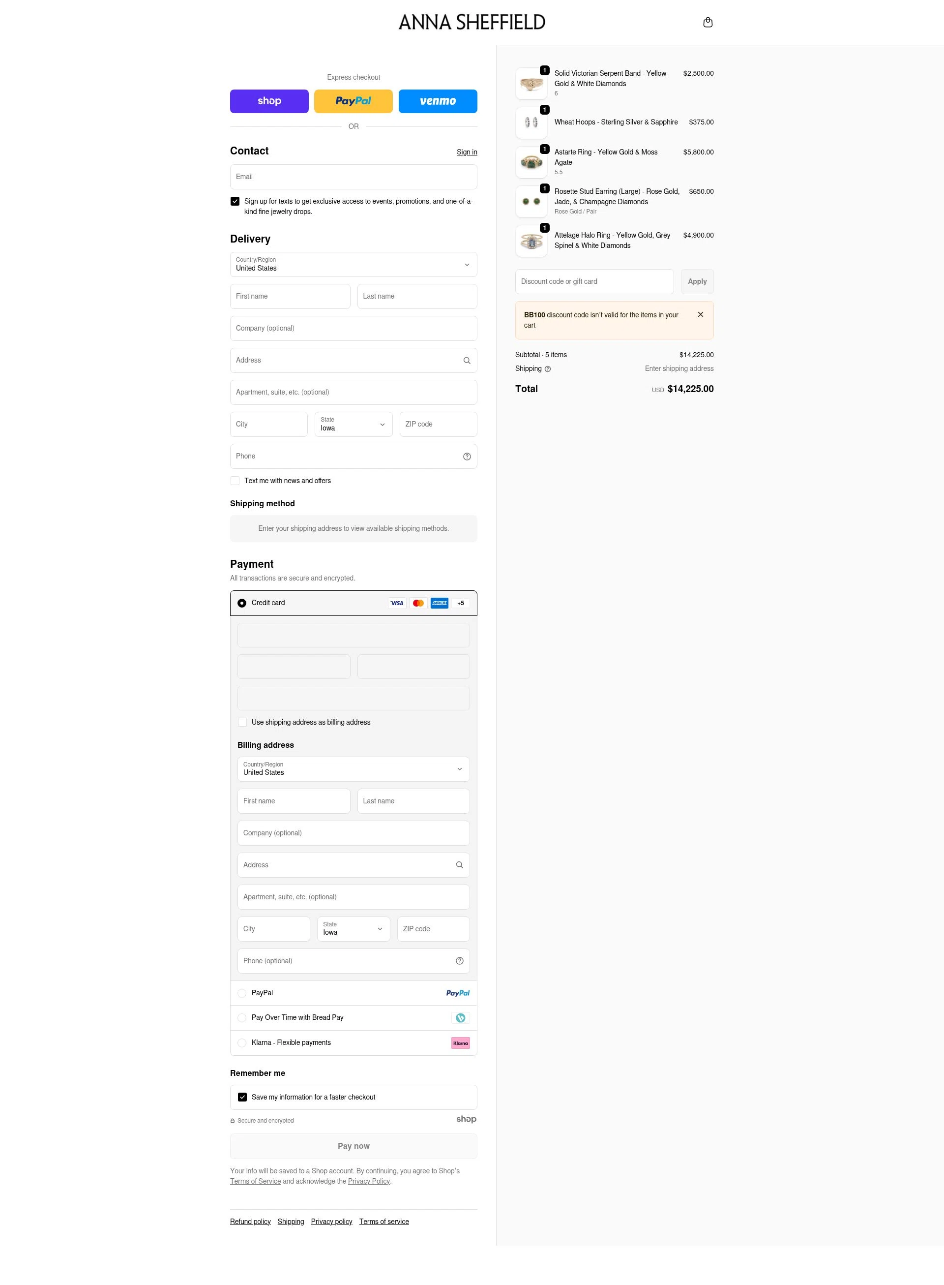 Anna Sheffield checkout page showing Anna Sheffield discount code box | Screenshot taken by SimplyCodes community member on Dec 31, 2025