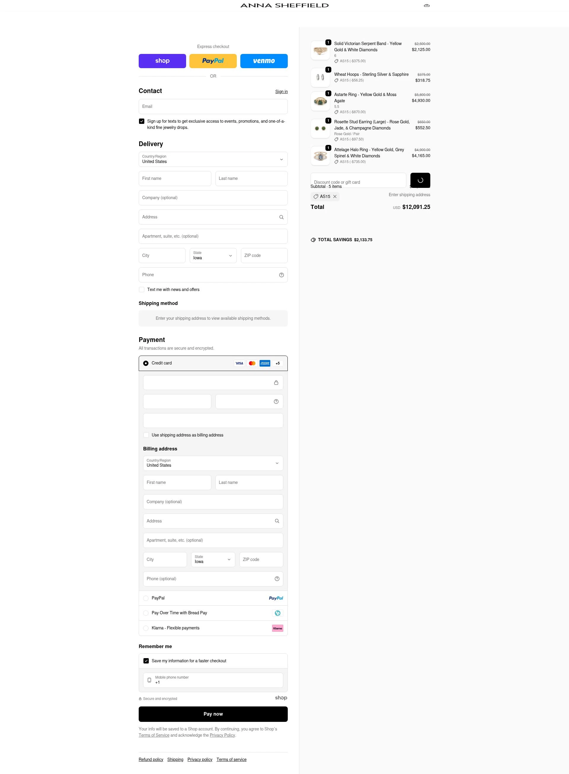 Anna Sheffield checkout page showing Anna Sheffield discount code box | Screenshot taken by SimplyCodes community member on Dec 31, 2025