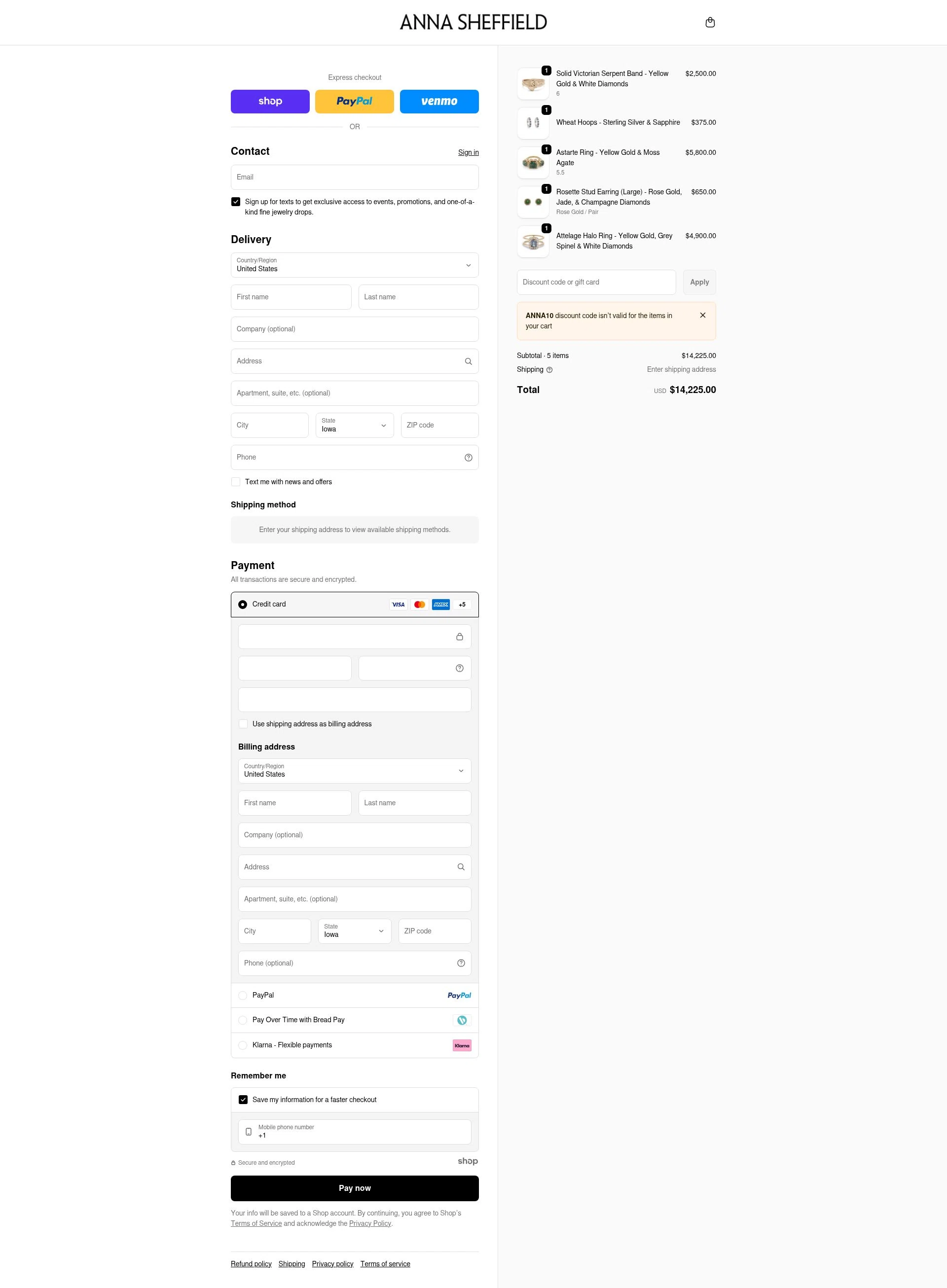 Anna Sheffield checkout page showing Anna Sheffield discount code box | Screenshot taken by SimplyCodes community member on Dec 31, 2025