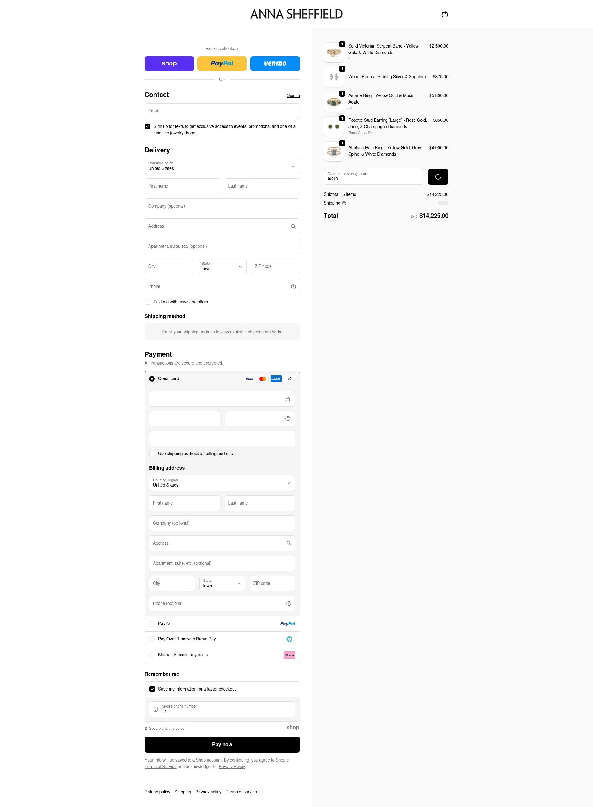Anna Sheffield checkout page showing Anna Sheffield discount code box | Screenshot taken by SimplyCodes community member on Dec 31, 2025