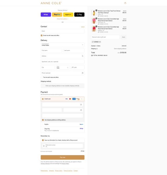 Anne Cole checkout page showing Anne Cole discount code box | Screenshot taken by SimplyCodes community member on Aug 28, 2025