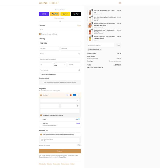 Anne Cole checkout page showing Anne Cole discount code box | Screenshot taken by SimplyCodes community member on Sep 14, 2025