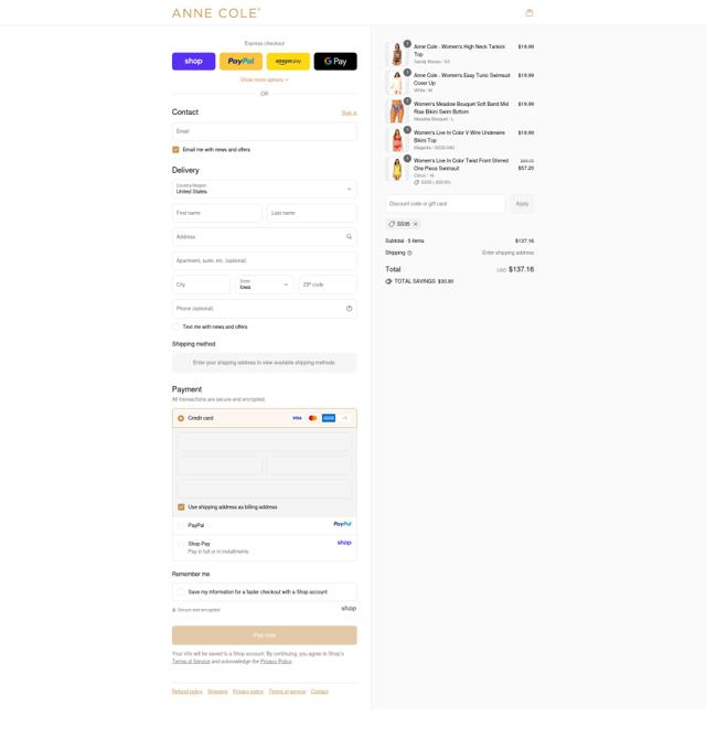 Anne Cole checkout page showing Anne Cole discount code box | Screenshot taken by SimplyCodes community member on Sep 14, 2025