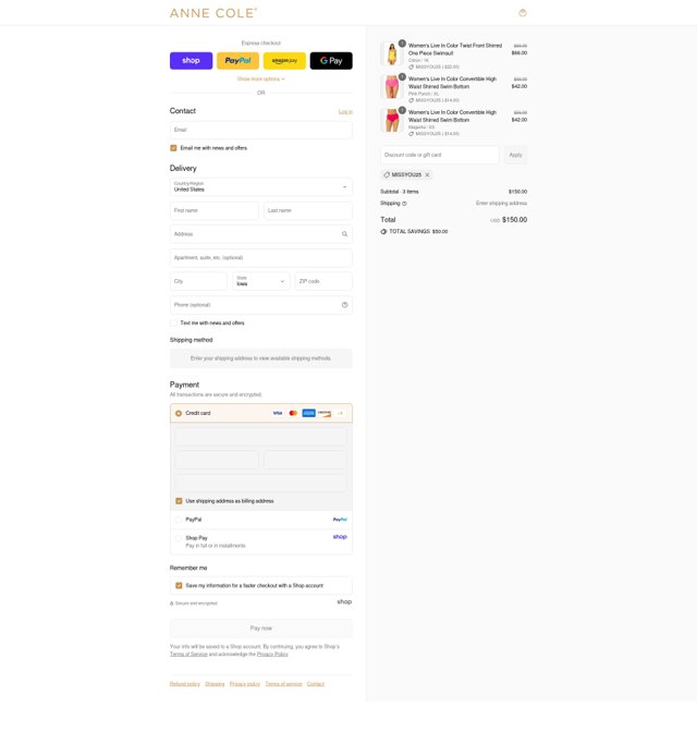 Anne Cole checkout page showing Anne Cole discount code box | Screenshot taken by SimplyCodes community member on Aug 28, 2025