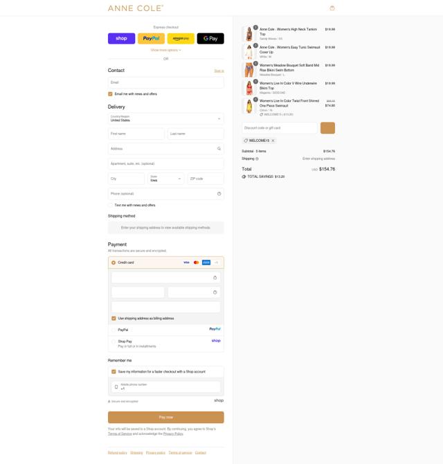 Anne Cole checkout page showing Anne Cole discount code box | Screenshot taken by SimplyCodes community member on Sep 14, 2025