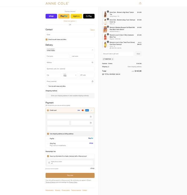 Anne Cole checkout page showing Anne Cole discount code box | Screenshot taken by SimplyCodes community member on Sep 14, 2025