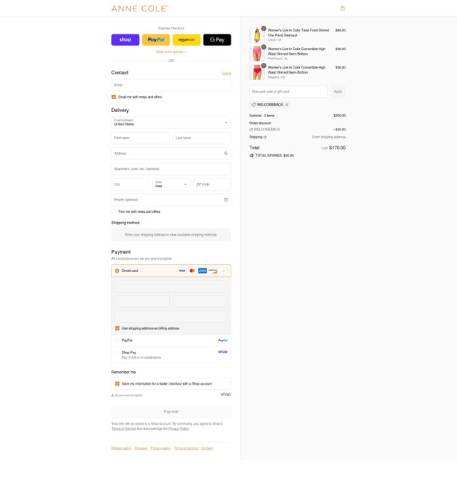Anne Cole checkout page showing Anne Cole discount code box | Screenshot taken by SimplyCodes community member on Aug 28, 2025