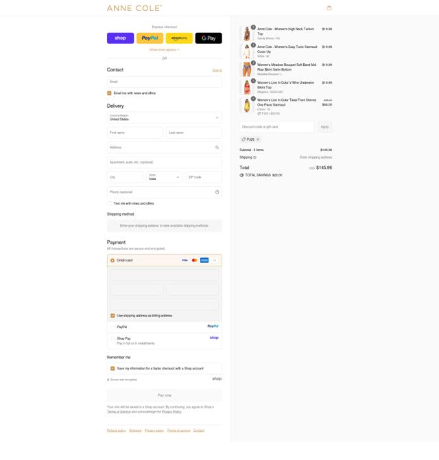 Anne Cole checkout page showing Anne Cole discount code box | Screenshot taken by SimplyCodes community member on Sep 14, 2025