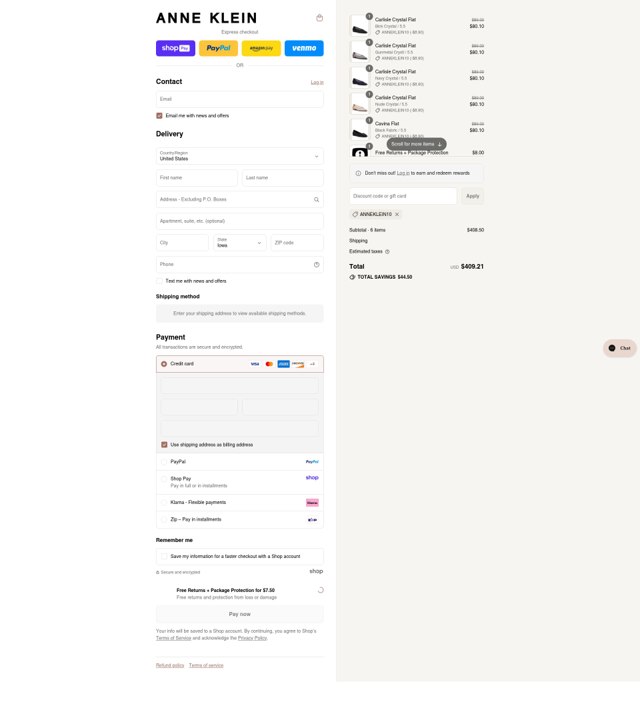 Anne Klein checkout page showing Anne Klein coupon code box | Screenshot taken by SimplyCodes community member on Aug 22, 2025