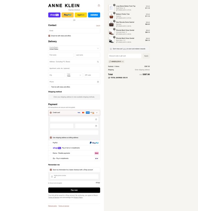 Anne Klein checkout page showing Anne Klein coupon code box | Screenshot taken by SimplyCodes community member on Jul 19, 2025