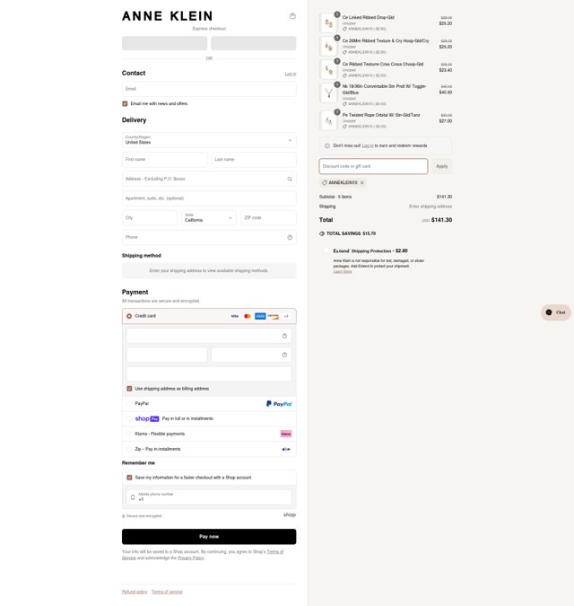 Anne Klein checkout page showing Anne Klein coupon code box | Screenshot taken by SimplyCodes community member on Jun 22, 2025