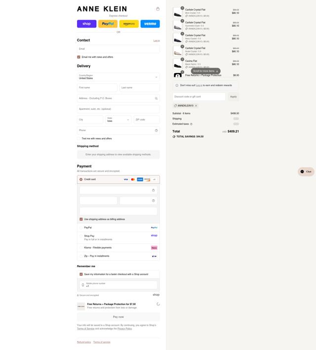 Anne Klein checkout page showing Anne Klein coupon code box | Screenshot taken by SimplyCodes community member on Sep 4, 2025