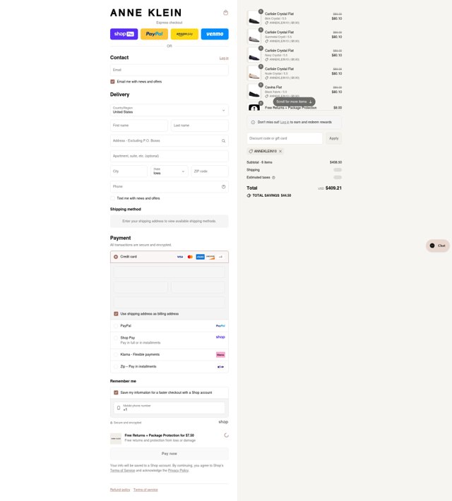 Anne Klein checkout page showing Anne Klein coupon code box | Screenshot taken by SimplyCodes community member on Aug 27, 2025
