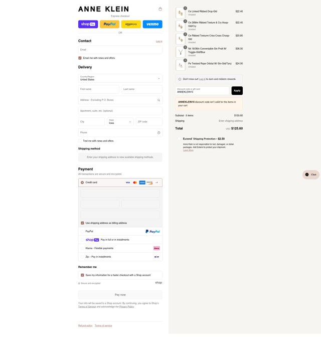Anne Klein checkout page showing Anne Klein coupon code box | Screenshot taken by SimplyCodes community member on Jul 10, 2025
