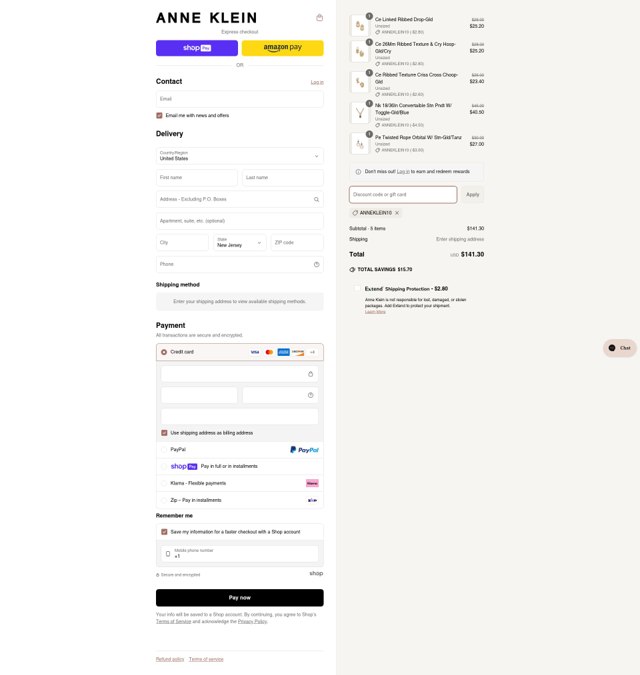 Anne Klein checkout page showing Anne Klein coupon code box | Screenshot taken by SimplyCodes community member on Jun 26, 2025