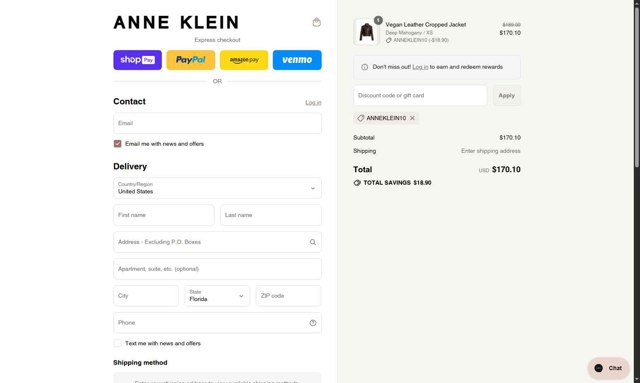 Anne Klein checkout page showing Anne Klein coupon code box | Screenshot taken by SimplyCodes community member on Aug 27, 2025