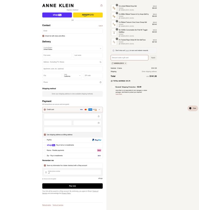 Anne Klein checkout page showing Anne Klein coupon code box | Screenshot taken by SimplyCodes community member on Jun 18, 2025