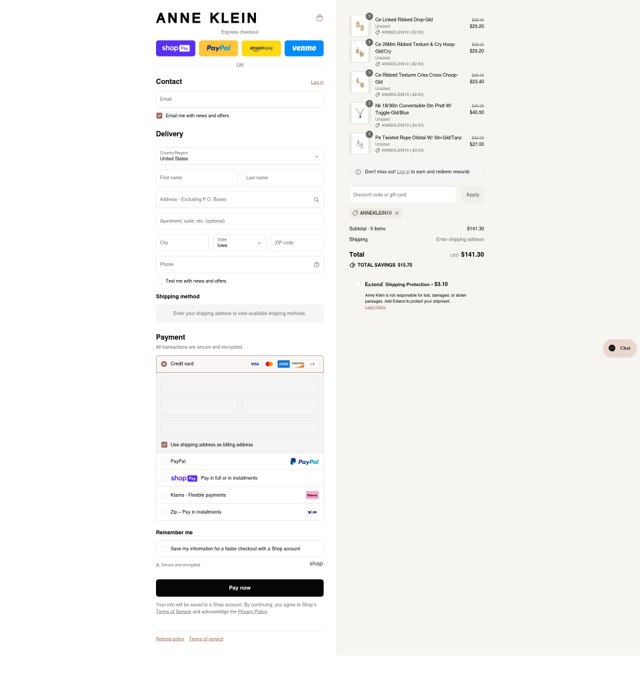 Anne Klein checkout page showing Anne Klein coupon code box | Screenshot taken by SimplyCodes community member on Jul 14, 2025
