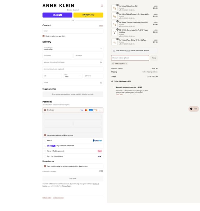 Anne Klein checkout page showing Anne Klein coupon code box | Screenshot taken by SimplyCodes community member on Jun 15, 2025
