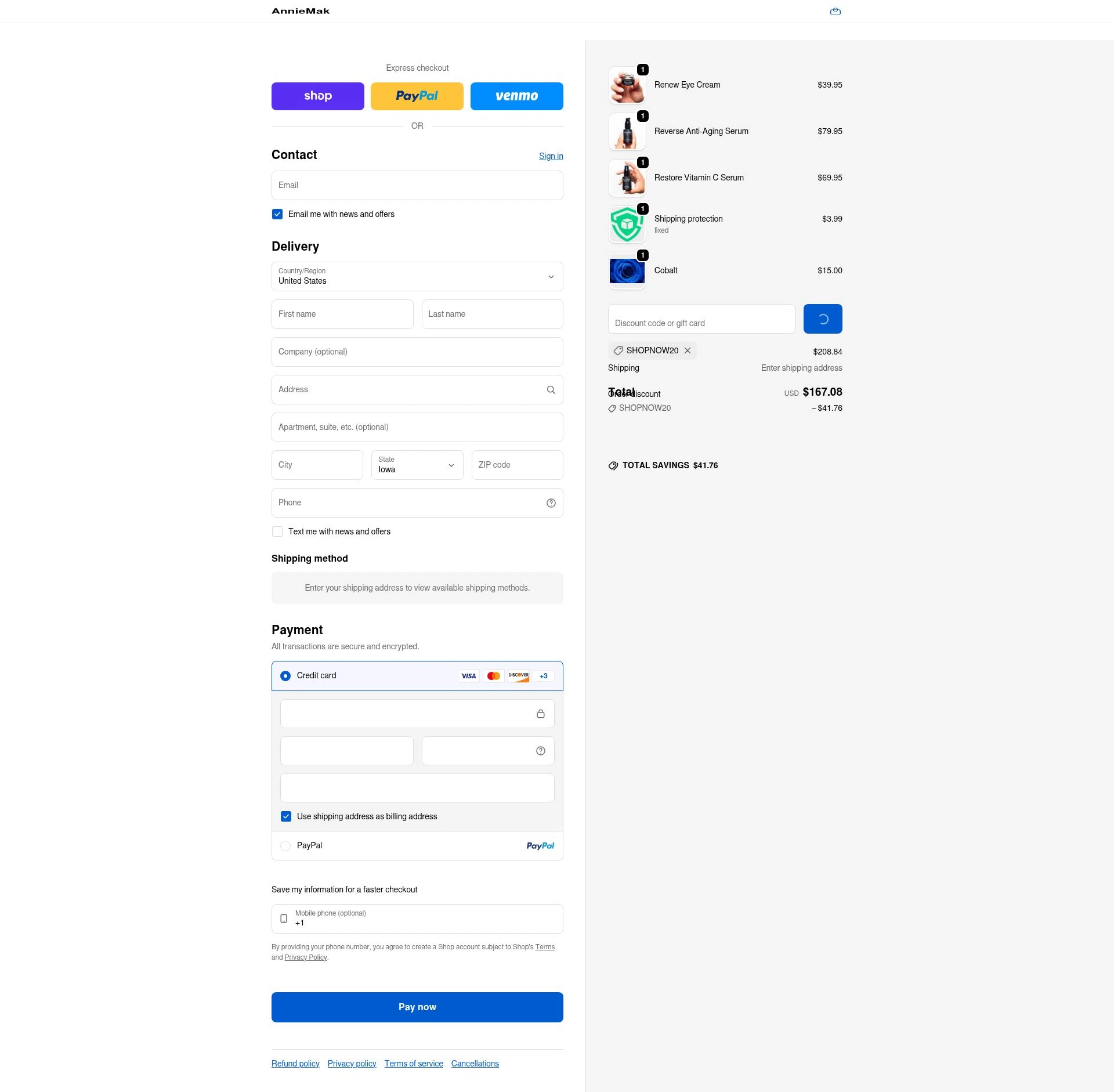 Annie Mak checkout page showing Annie Mak promo code box | Screenshot taken by SimplyCodes community member on Feb 18, 2026