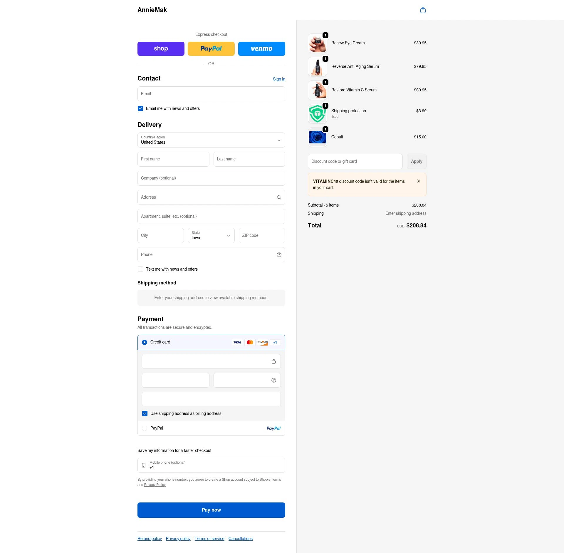 Annie Mak checkout page showing Annie Mak promo code box | Screenshot taken by SimplyCodes community member on Feb 18, 2026