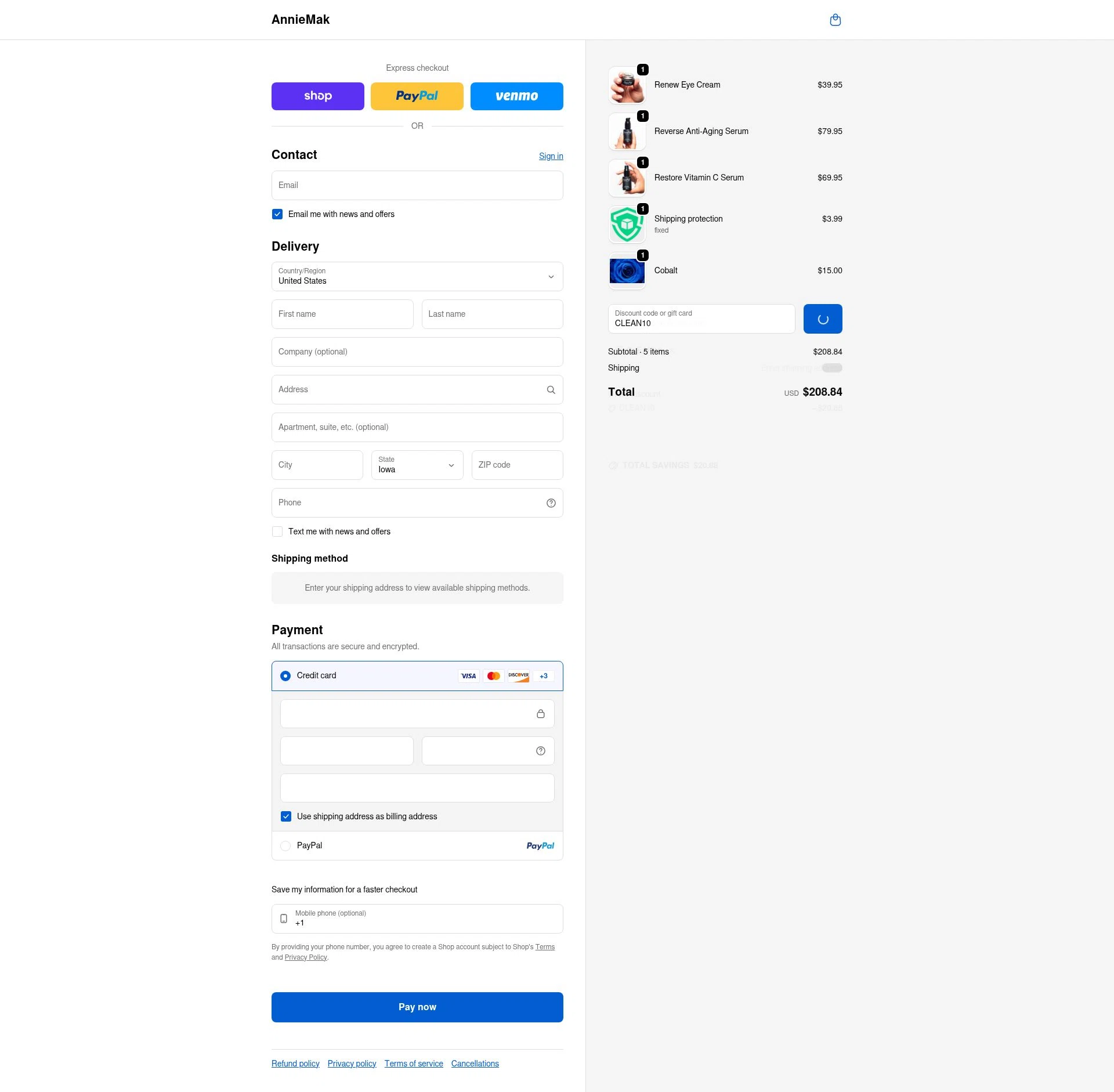 Annie Mak checkout page showing Annie Mak promo code box | Screenshot taken by SimplyCodes community member on Feb 18, 2026