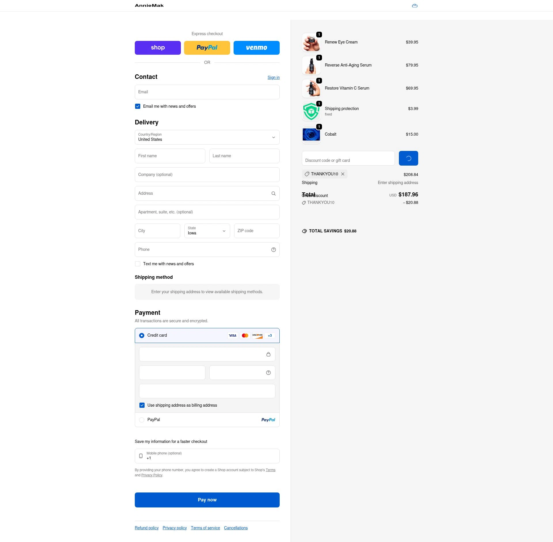 Annie Mak checkout page showing Annie Mak promo code box | Screenshot taken by SimplyCodes community member on Feb 18, 2026