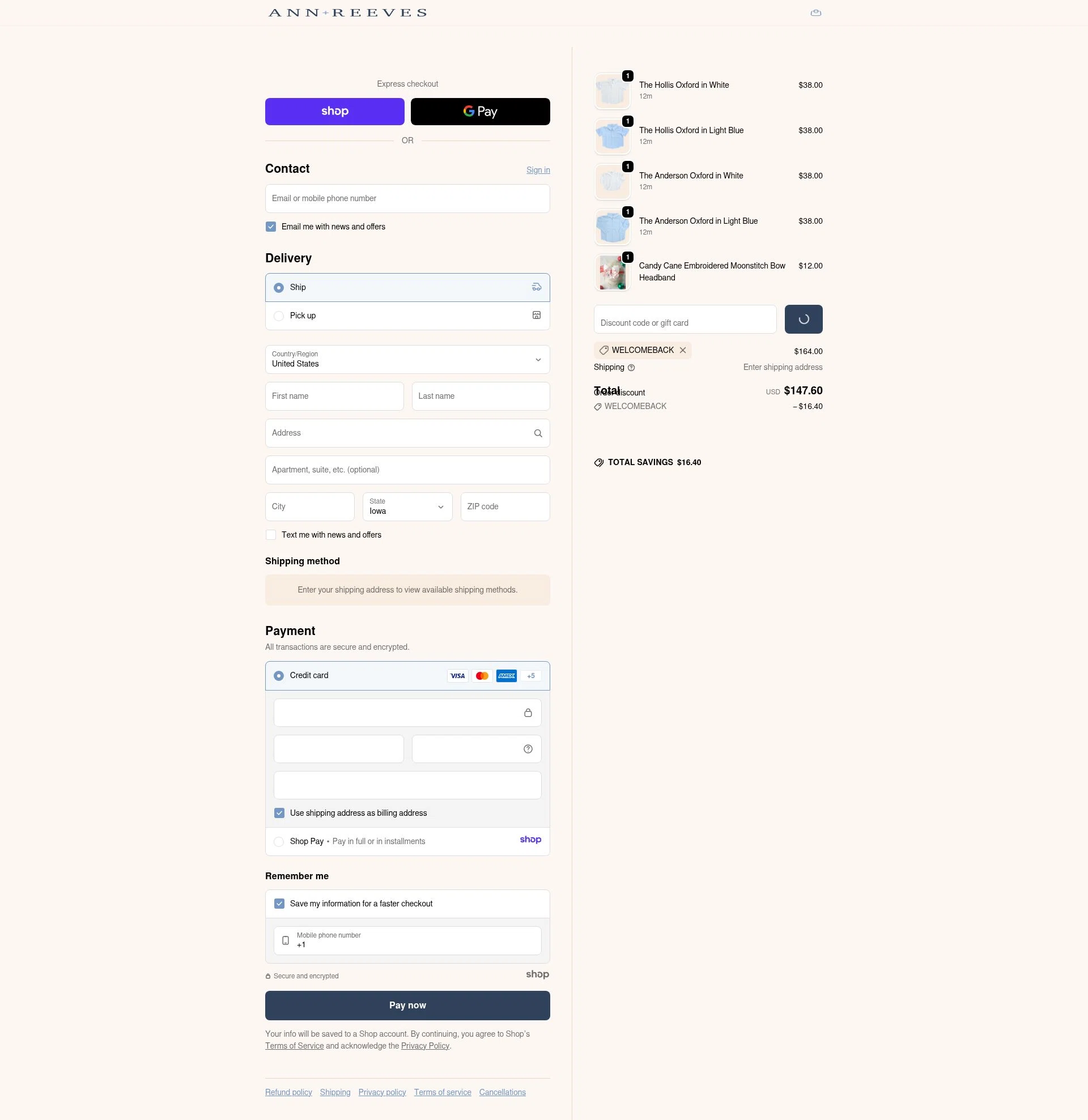 Ann + Reeves Kids checkout page showing Ann + Reeves Kids promo code box | Screenshot taken by SimplyCodes community member on Dec 24, 2025