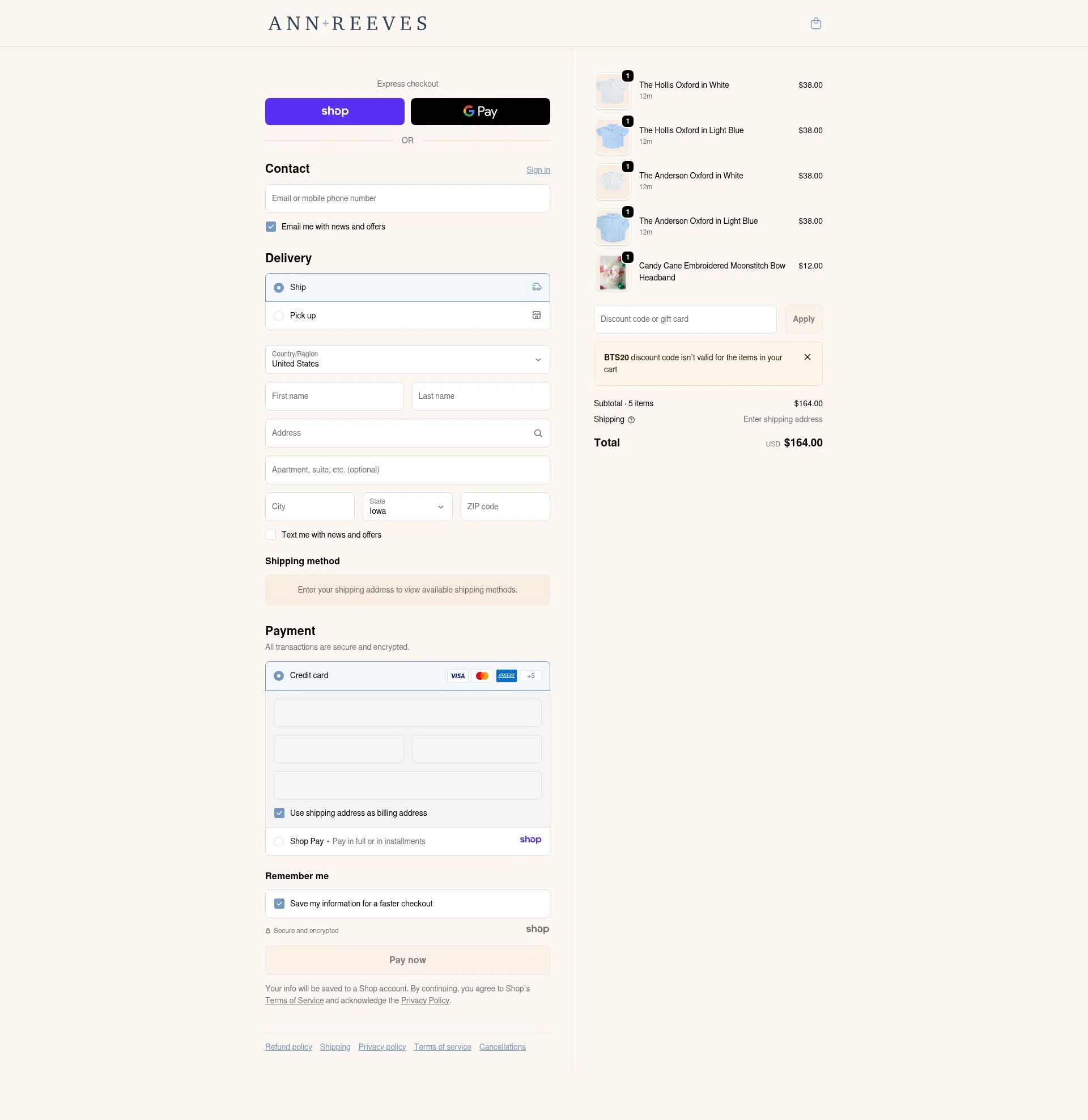 Ann + Reeves Kids checkout page showing Ann + Reeves Kids promo code box | Screenshot taken by SimplyCodes community member on Dec 29, 2025