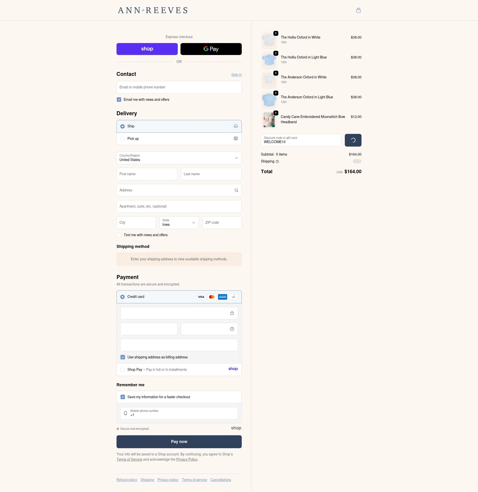 Ann + Reeves Kids checkout page showing Ann + Reeves Kids promo code box | Screenshot taken by SimplyCodes community member on Dec 24, 2025