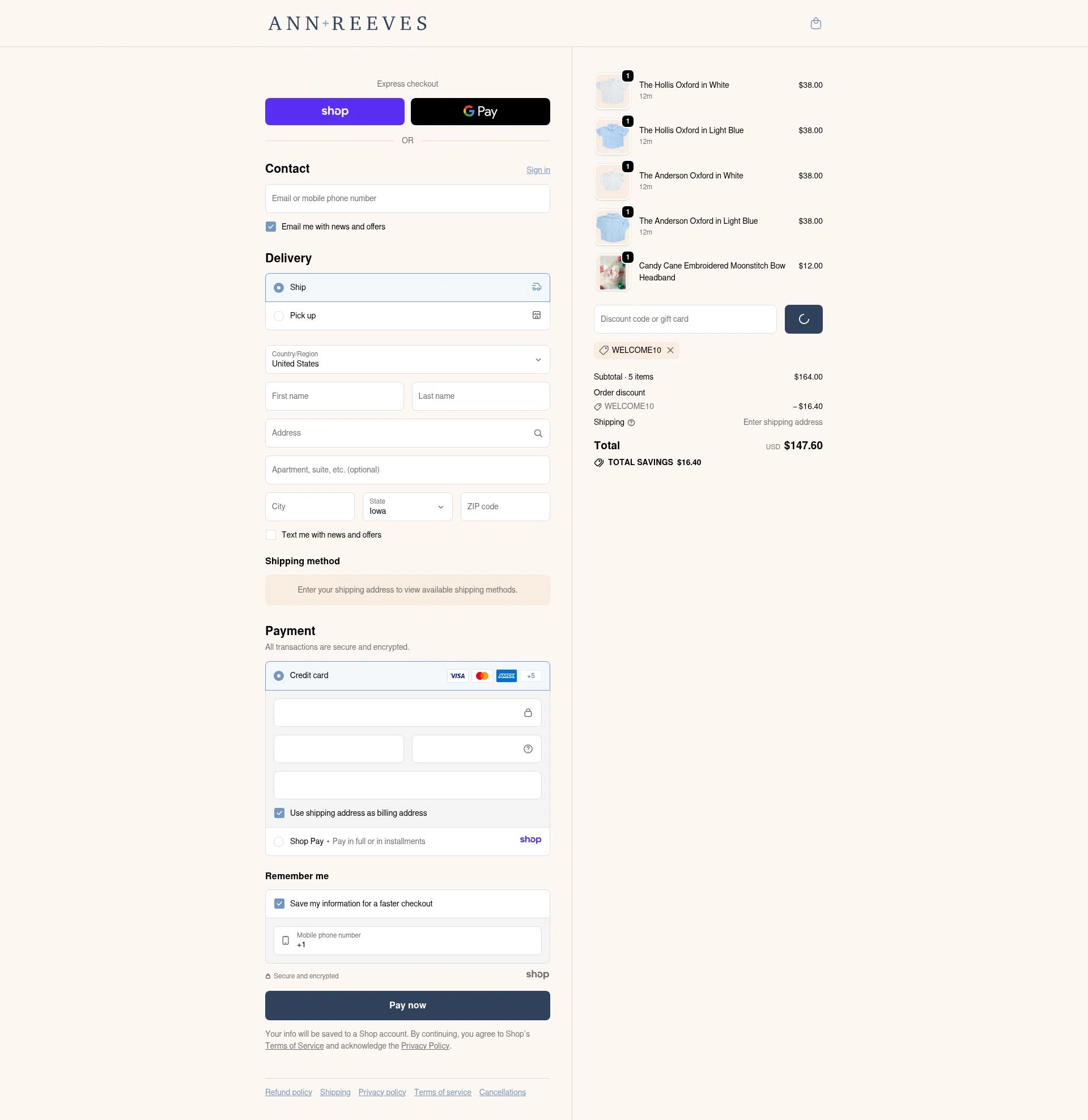 Ann + Reeves Kids checkout page showing Ann + Reeves Kids promo code box | Screenshot taken by SimplyCodes community member on Dec 29, 2025