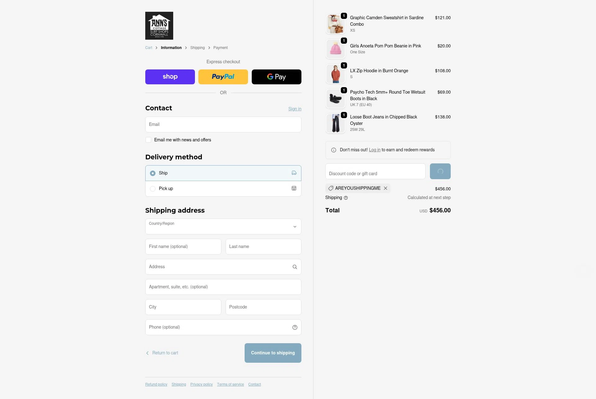 Ann's Cottage checkout page showing Ann's Cottage discount code box | Screenshot taken by SimplyCodes community member on Jan 12, 2026