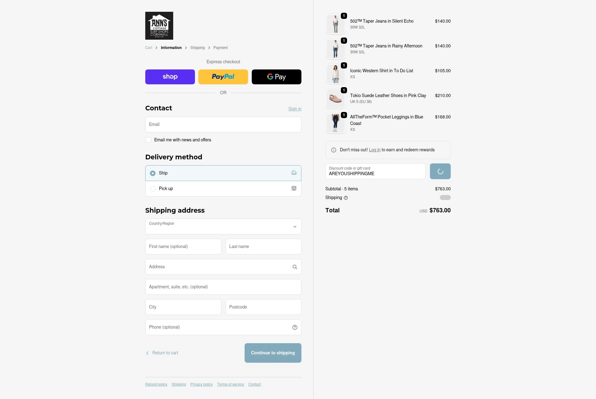 Ann's Cottage checkout page showing Ann's Cottage discount code box | Screenshot taken by SimplyCodes community member on Jan 31, 2026