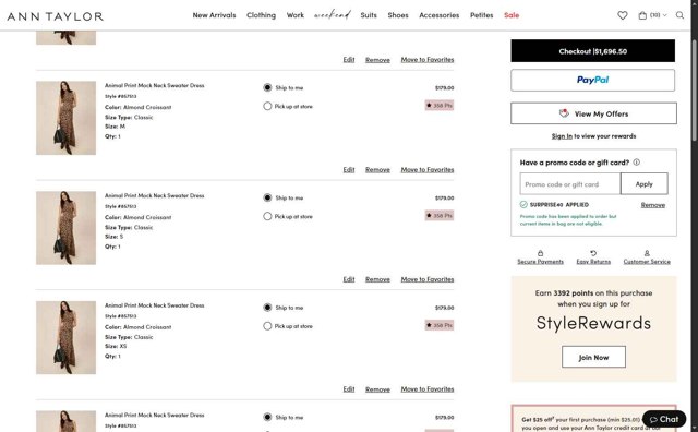 Ann Taylor checkout page showing Ann Taylor promo code box | Screenshot taken by SimplyCodes community member on Aug 22, 2025