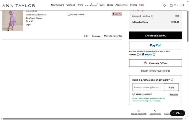 Ann Taylor checkout page showing Ann Taylor promo code box | Screenshot taken by SimplyCodes community member on Aug 14, 2025