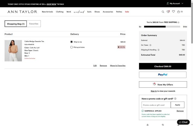 Ann Taylor checkout page showing Ann Taylor promo code box | Screenshot taken by SimplyCodes community member on Aug 6, 2025