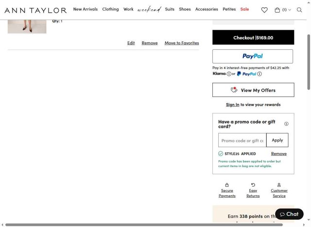 Ann Taylor checkout page showing Ann Taylor promo code box | Screenshot taken by SimplyCodes community member on Aug 22, 2025