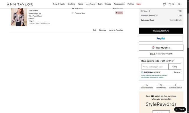 Ann Taylor checkout page showing Ann Taylor promo code box | Screenshot taken by SimplyCodes community member on Jul 25, 2025