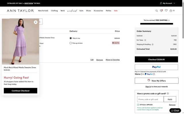 Ann Taylor checkout page showing Ann Taylor promo code box | Screenshot taken by SimplyCodes community member on Aug 5, 2025