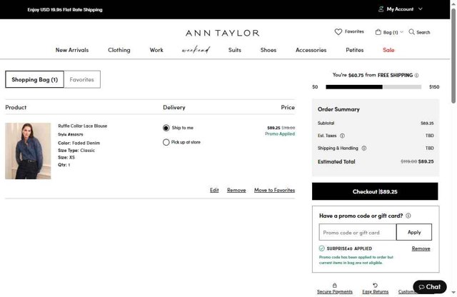 Ann Taylor checkout page showing Ann Taylor promo code box | Screenshot taken by SimplyCodes community member on Aug 14, 2025