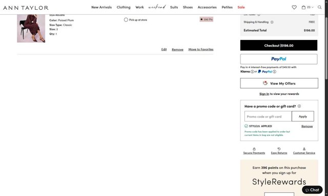 Ann Taylor checkout page showing Ann Taylor promo code box | Screenshot taken by SimplyCodes community member on Aug 26, 2025