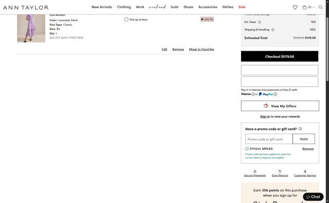 Ann Taylor checkout page showing Ann Taylor promo code box | Screenshot taken by SimplyCodes community member on Aug 17, 2025