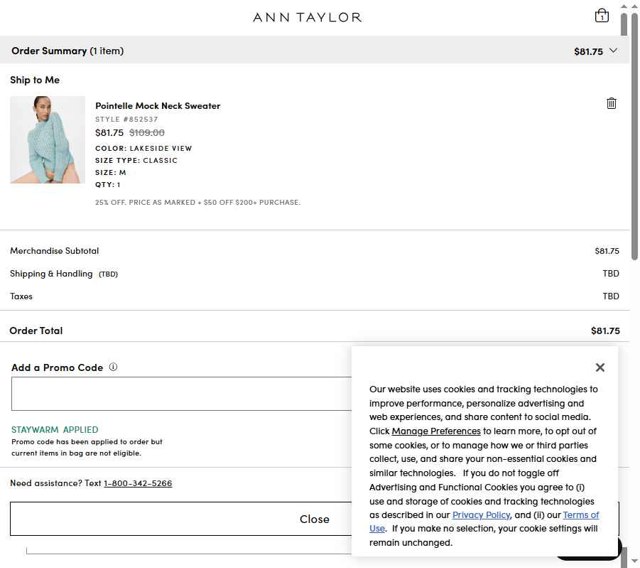 Ann Taylor Factory checkout page showing Ann Taylor Factory promo code box | Screenshot taken by SimplyCodes community member on Aug 23, 2025
