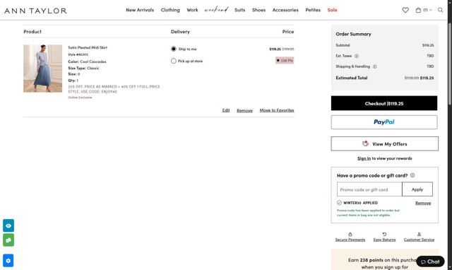 Ann Taylor Factory checkout page showing Ann Taylor Factory promo code box | Screenshot taken by SimplyCodes community member on Jul 28, 2025